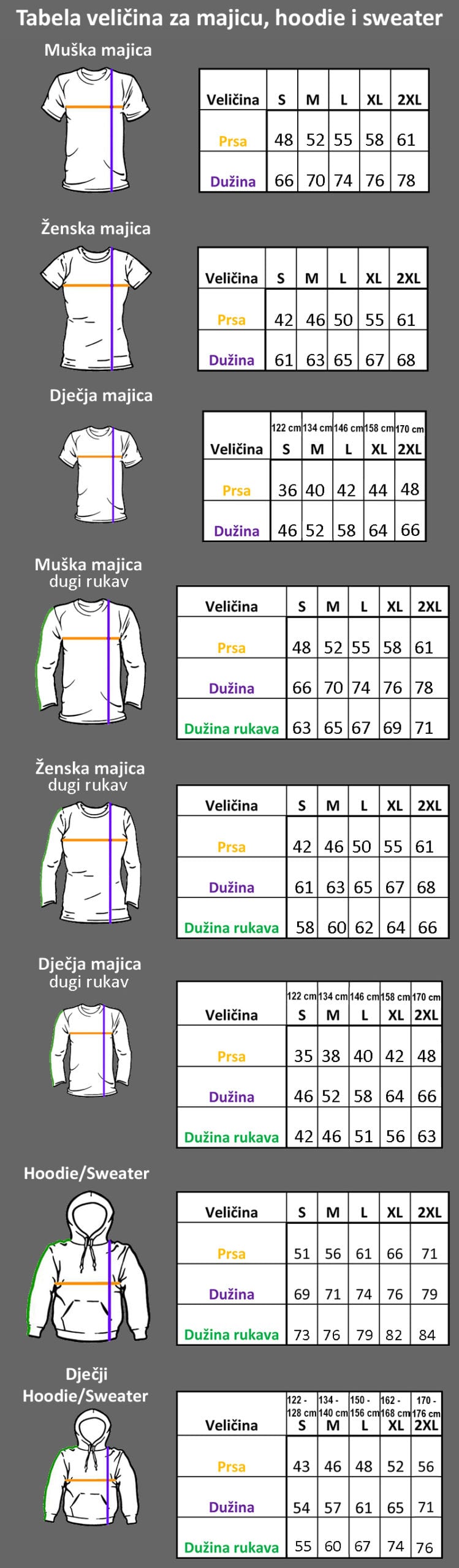 tattoo majice - tabela veličina